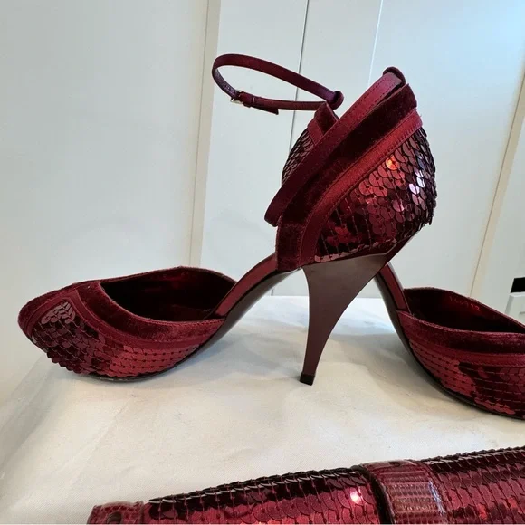 Rare Gucci Broadway Bordeaux Burgundy Velvet Sequins Clutch and Heels Set 6.5 - Picture 10 of 16